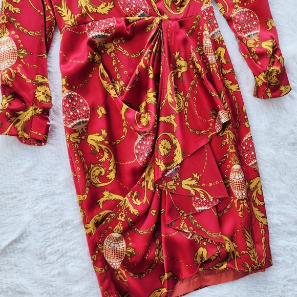 Richard Warren Vintage 80s Red Silk Faux Wrap Party Dress - Picture 3 of 5